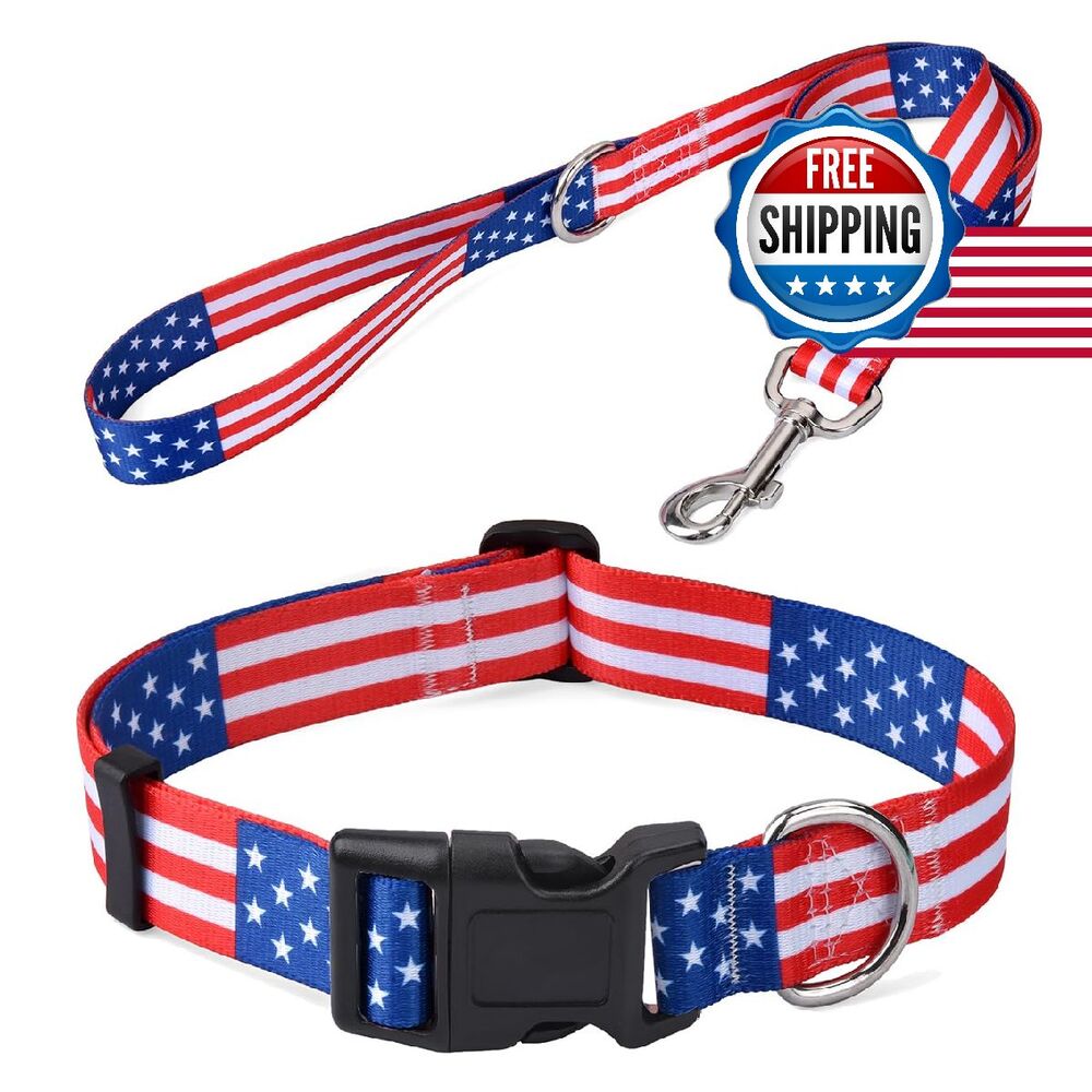 US Flag Dog Collar & Leash Set - Patriotic Stars Stripes Small Adjustable